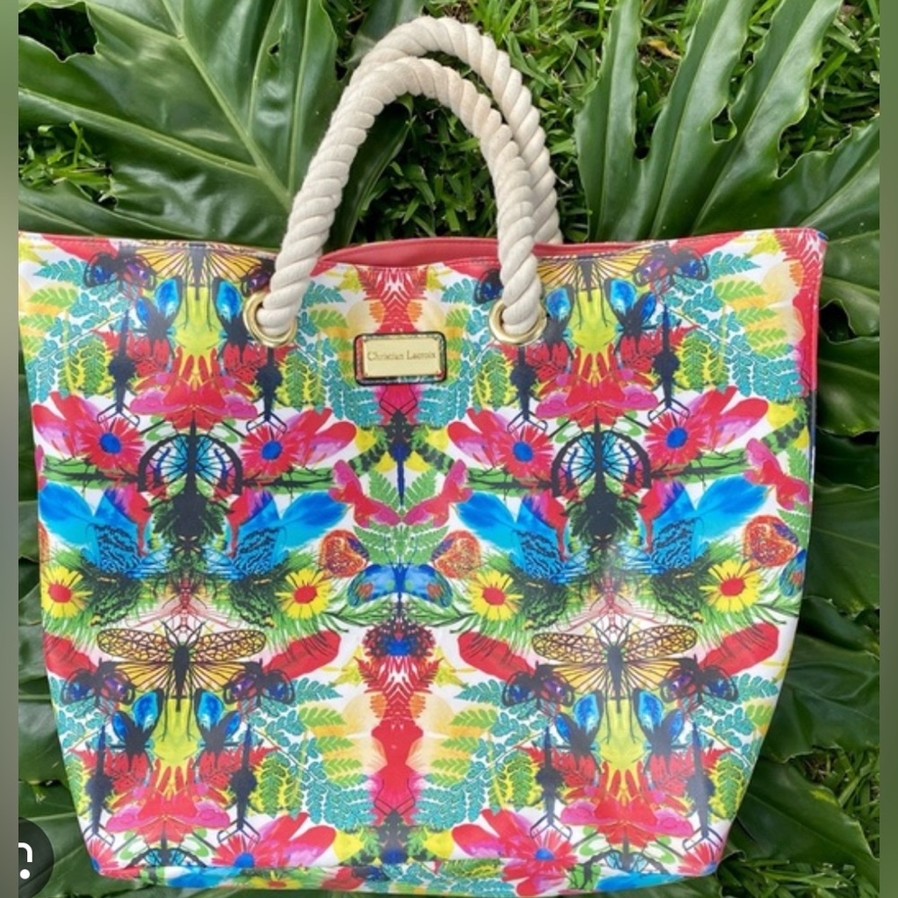 CHRISTIAN LACROIX REVERSIBLE PINK FLORAL DRAGONFLY TOTE Like new